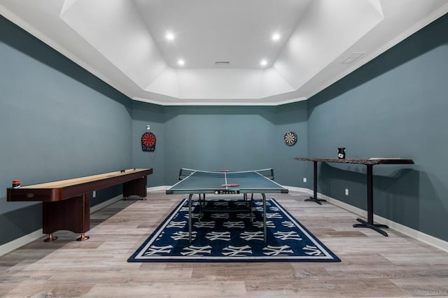330 Longvue Ct, Johns Creek, GA 30097 - recreation room featuring a tray ceiling, wood finished floors, recessed lighting, and baseboards
