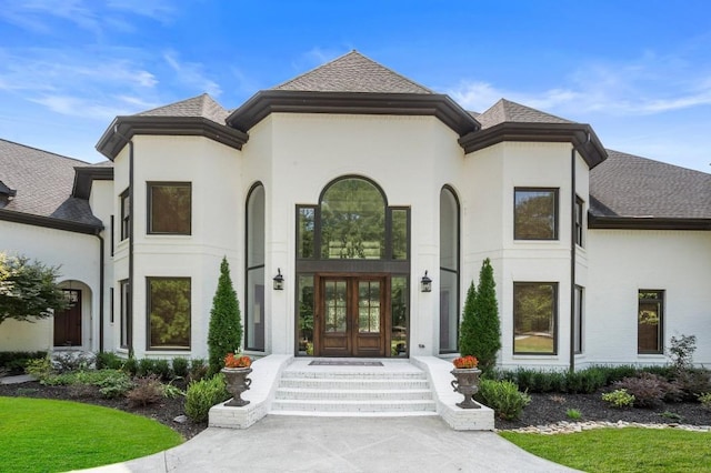 330 Longvue Ct, Johns Creek, GA 30097 - french country style house with french doors, a shingled roof, and stucco siding