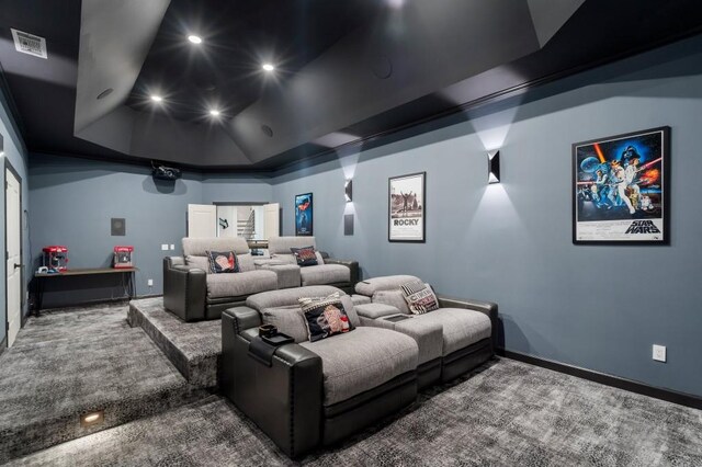 330 Longvue Ct, Johns Creek, GA 30097 - cinema room with a raised ceiling, carpet, recessed lighting, and baseboards