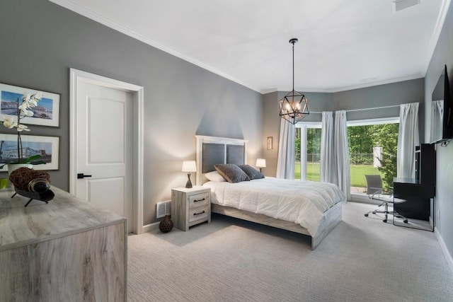 330 Longvue Ct, Johns Creek, GA 30097 - bedroom featuring light colored carpet, baseboards, a chandelier, and ornamental molding