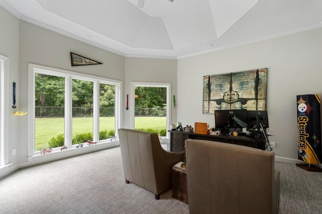 330 Longvue Ct, Johns Creek, GA 30097 - carpeted home office featuring a raised ceiling, crown molding, and a ceiling fan