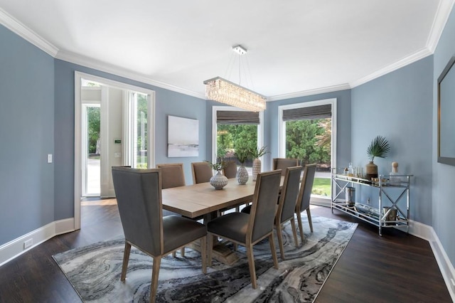 330 Longvue Ct, Johns Creek, GA 30097 - dining space with plenty of natural light, baseboards, dark wood finished floors, crown molding, and a chandelier