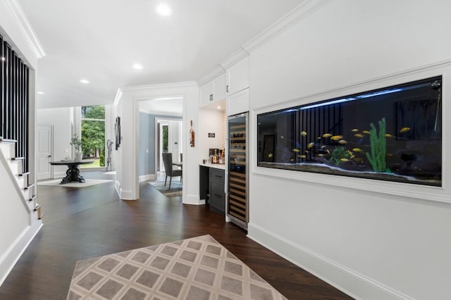 330 Longvue Ct, Johns Creek, GA 30097 - indoor bar featuring dark wood-type flooring, baseboards, stairs, recessed lighting, and crown molding