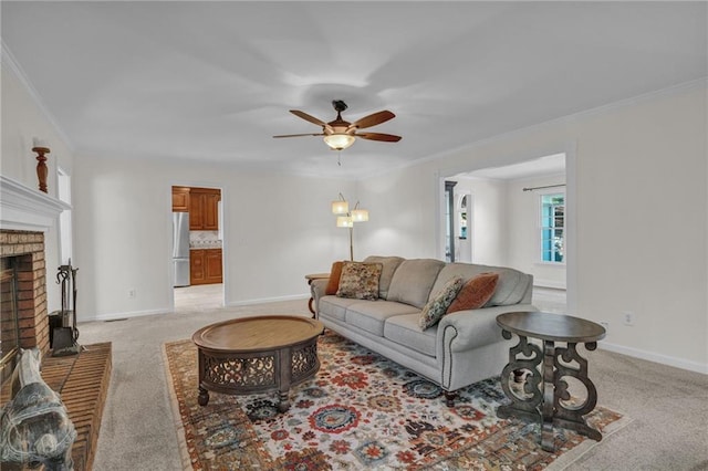 1819 Yorkshire Dr, Woodstock, GA 30189 - living room featuring baseboards, a brick fireplace, ornamental molding, ceiling fan, and light carpet