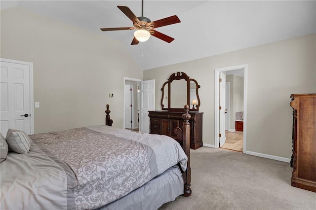 1819 Yorkshire Dr, Woodstock, GA 30189 - bedroom with ensuite bathroom, baseboards, ceiling fan, light colored carpet, and lofted ceiling