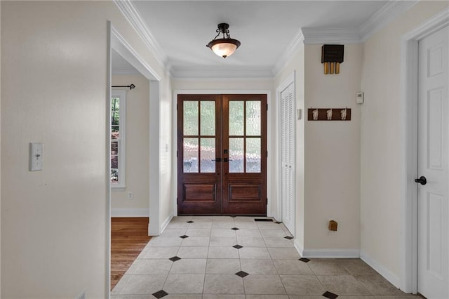 1819 Yorkshire Dr, Woodstock, GA 30189 - doorway featuring light tile patterned floors, french doors, baseboards, and crown molding