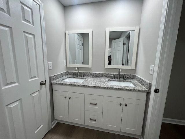 bathroom with wood finished floors, double vanity, and a sink