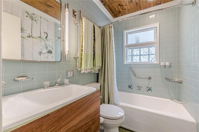 2669 Jefferson Ter, East Point, GA 30344 - bathroom featuring toilet, shower / tub combo with curtain, tile walls, vanity, and wooden ceiling