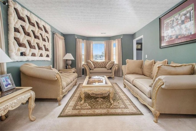 living room featuring a textured ceiling and carpet flooring