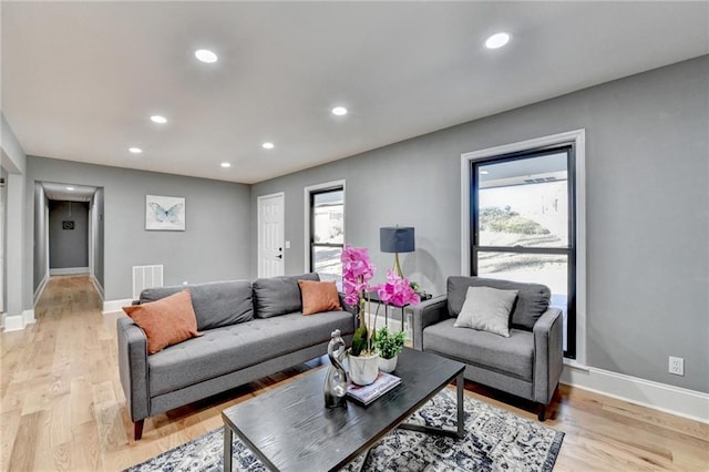 living room with plenty of natural light and light hardwood / wood-style floors