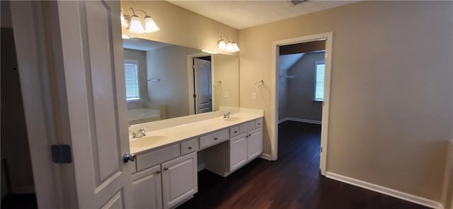 571 Cold Water Ln, Mcdonough, GA 30252 - bathroom with double vanity, wood finished floors, and a tub