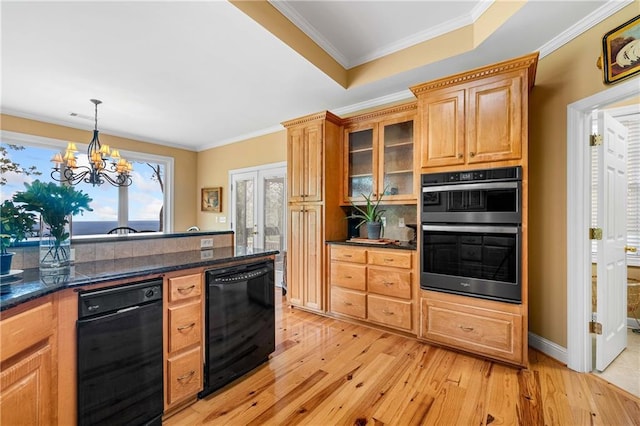 3756 Monument Rd, Jasper, GA 30143 - kitchen featuring dishwasher, dark countertops, double oven, light wood-style flooring, and crown molding