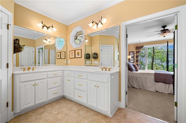 3756 Monument Rd, Jasper, GA 30143 - full bathroom with ensuite bath, ceiling fan, double vanity, tile patterned floors, and crown molding