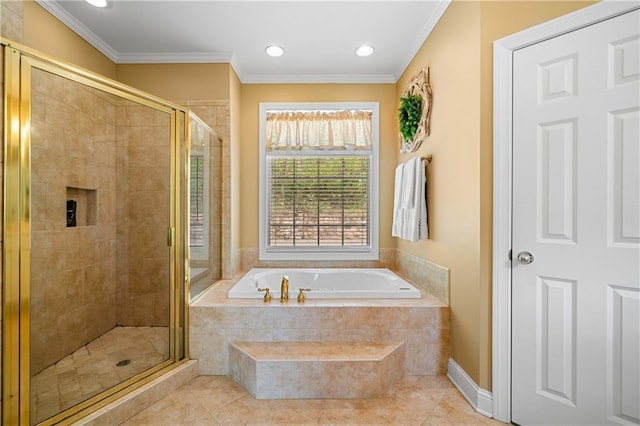 3756 Monument Rd, Jasper, GA 30143 - bathroom with a garden tub, a stall shower, tile patterned floors, crown molding, and recessed lighting