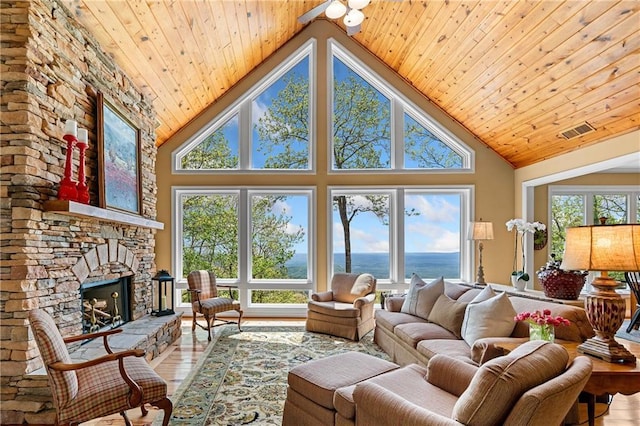 3756 Monument Rd, Jasper, GA 30143 - living area with wood ceiling, a water view, hardwood / wood-style flooring, high vaulted ceiling, and a fireplace