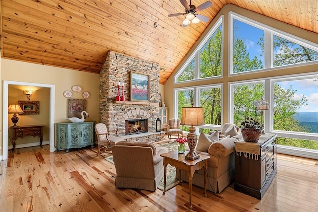 3756 Monument Rd, Jasper, GA 30143 - living area featuring wooden ceiling, high vaulted ceiling, a ceiling fan, light wood-style flooring, and a stone fireplace