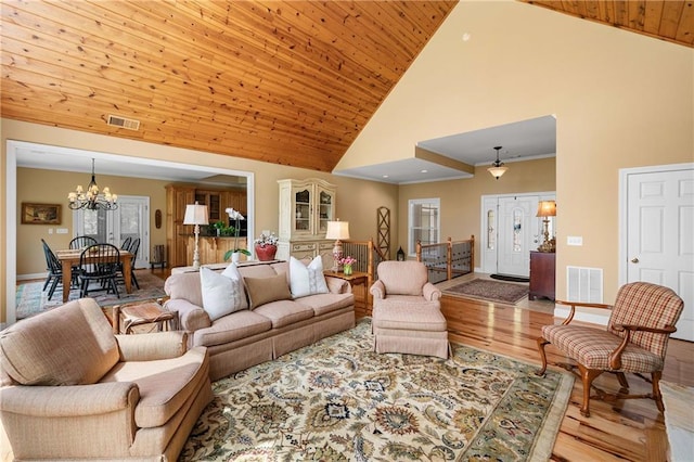 3756 Monument Rd, Jasper, GA 30143 - living room with a chandelier, high vaulted ceiling, wood finished floors, wooden ceiling, and baseboards