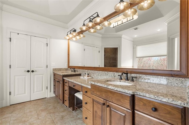 full bath featuring a bath, ornamental molding, and a shower stall