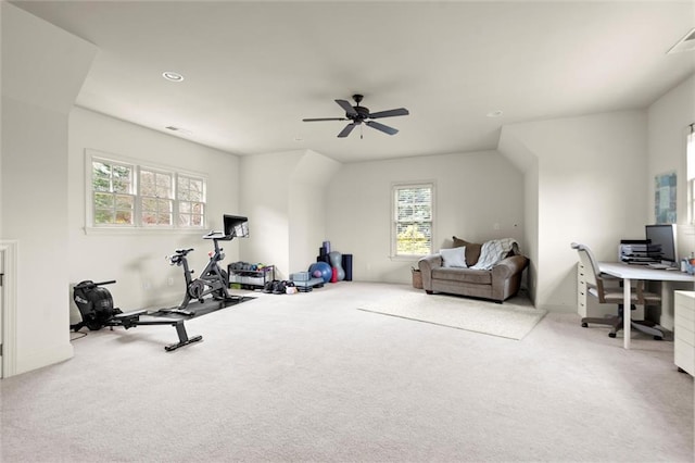 interior space featuring vaulted ceiling, carpet floors, visible vents, ceiling fan, and recessed lighting