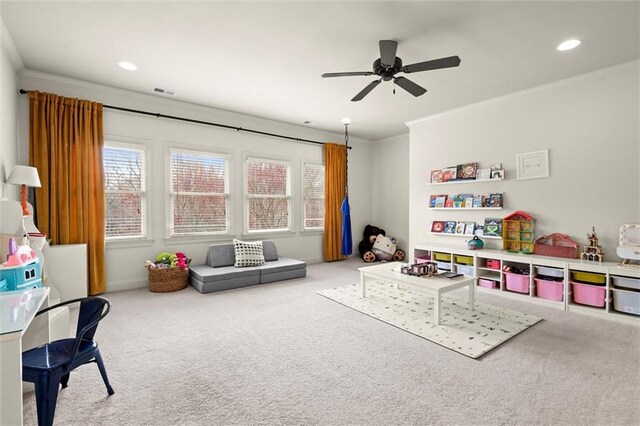 game room featuring carpet flooring, ceiling fan, recessed lighting, and ornamental molding