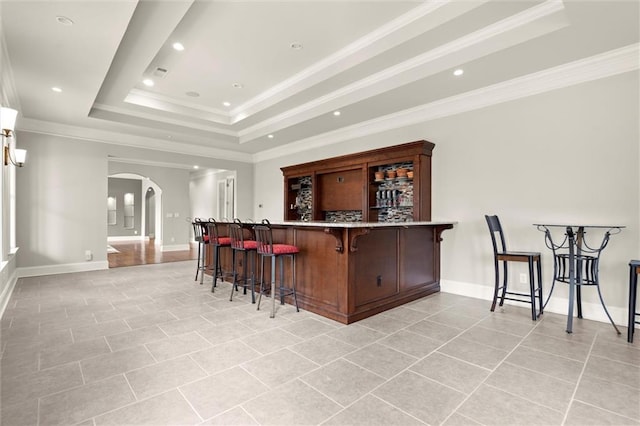 bar with a stone fireplace, visible vents, ornamental molding, and a raised ceiling