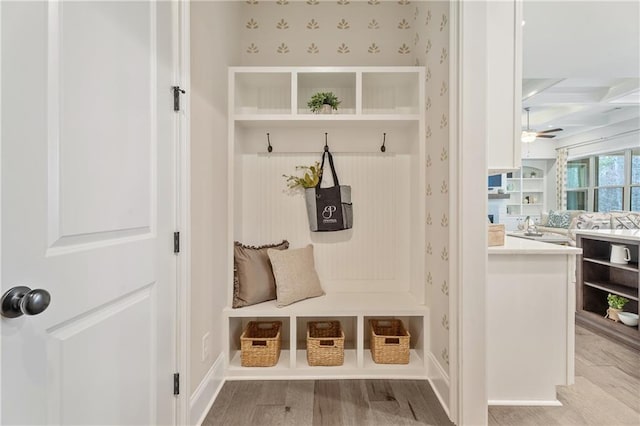 mudroom with ceiling fan and light hardwood / wood-style floors