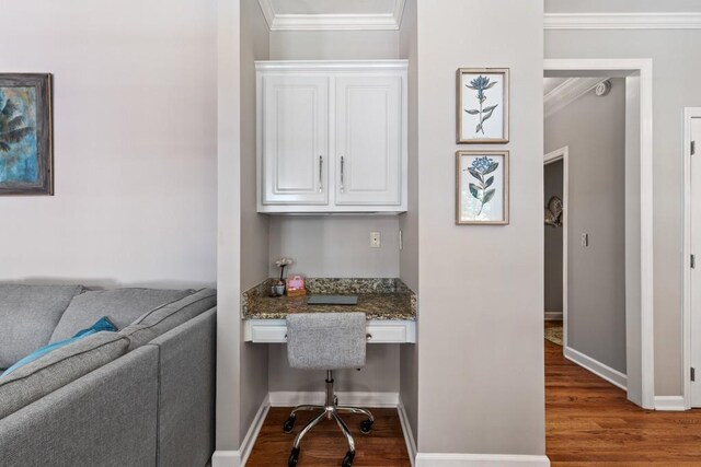 120 Ashewoode Downs Ln, Alpharetta, GA 30005 - office space with built in desk, dark wood-style flooring, and ornamental molding