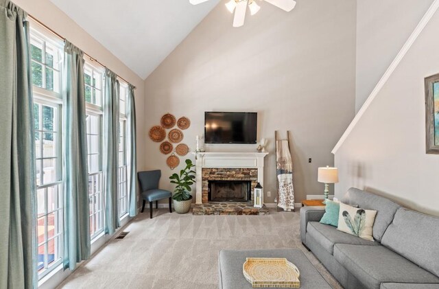 120 Ashewoode Downs Ln, Alpharetta, GA 30005 - living area featuring a ceiling fan, carpet floors, high vaulted ceiling, and a stone fireplace