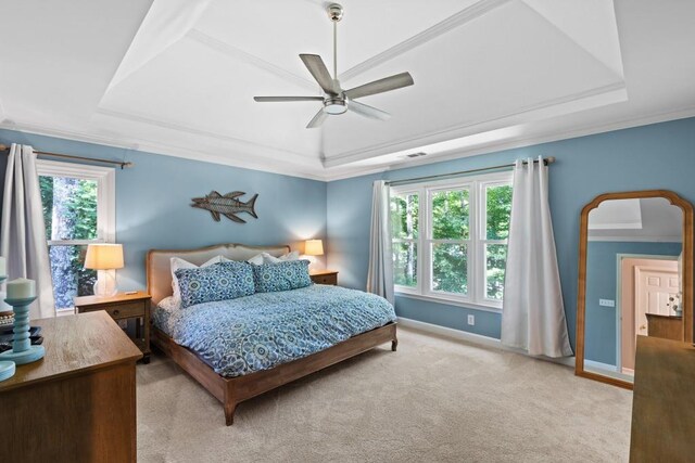 120 Ashewoode Downs Ln, Alpharetta, GA 30005 - bedroom with a tray ceiling, light colored carpet, crown molding, and a ceiling fan