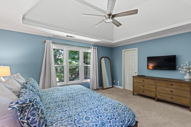 120 Ashewoode Downs Ln, Alpharetta, GA 30005 - carpeted bedroom featuring a tray ceiling, ornamental molding, and a ceiling fan