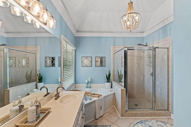 120 Ashewoode Downs Ln, Alpharetta, GA 30005 - full bath featuring a chandelier, a bath, a shower stall, vanity, and tile patterned flooring
