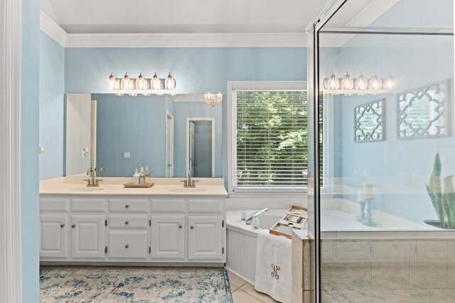 120 Ashewoode Downs Ln, Alpharetta, GA 30005 - full bath with double vanity, a garden tub, tile patterned flooring, and crown molding