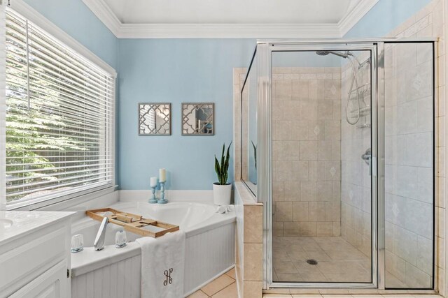 120 Ashewoode Downs Ln, Alpharetta, GA 30005 - bathroom featuring a bath, a shower stall, crown molding, vanity, and tile patterned floors