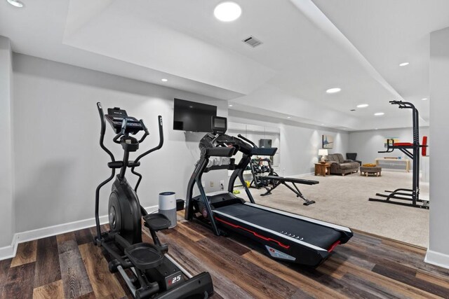120 Ashewoode Downs Ln, Alpharetta, GA 30005 - exercise room featuring recessed lighting, wood finished floors, and a raised ceiling
