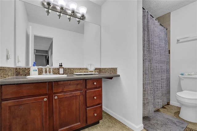 3906 Cedar Cir Unit 3906, Tucker, GA 30084 - bathroom featuring backsplash, vanity, tile patterned floors, a shower with shower curtain, and a textured ceiling