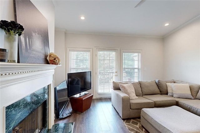 3275 Lenox Rd NE Unit 413, Atlanta, GA 30324 - living area with a fireplace, plenty of natural light, wood finished floors, ornamental molding, and recessed lighting