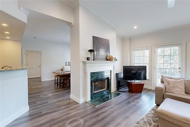3275 Lenox Rd NE Unit 413, Atlanta, GA 30324 - living room featuring crown molding, a fireplace, wood finished floors, and recessed lighting