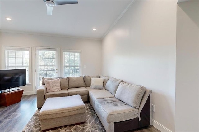 3275 Lenox Rd NE Unit 413, Atlanta, GA 30324 - living area featuring crown molding, wood finished floors, and recessed lighting