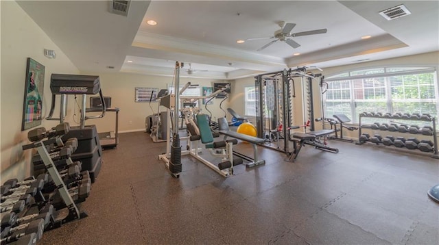 3275 Lenox Rd NE Unit 413, Atlanta, GA 30324 - workout area featuring a tray ceiling, plenty of natural light, a ceiling fan, ornamental molding, and recessed lighting