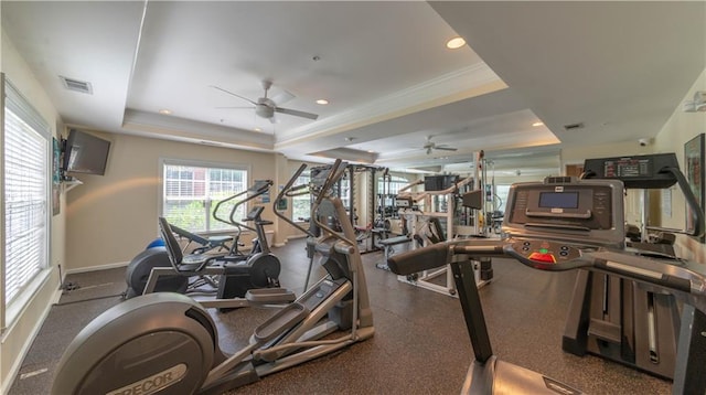 3275 Lenox Rd NE Unit 413, Atlanta, GA 30324 - gym with a raised ceiling, a ceiling fan, and recessed lighting