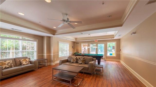 3275 Lenox Rd NE Unit 413, Atlanta, GA 30324 - living room with a raised ceiling, pool table, wood finished floors, ceiling fan, and ornamental molding