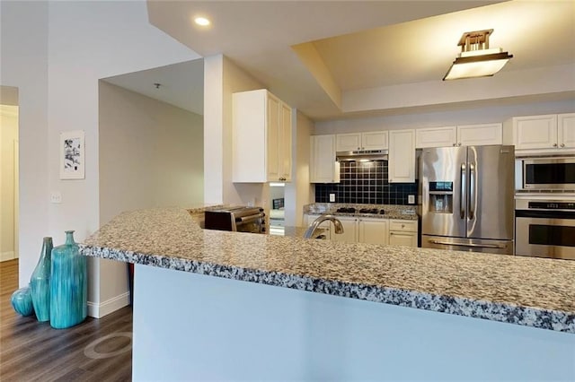 3275 Lenox Rd NE Unit 413, Atlanta, GA 30324 - kitchen featuring stainless steel appliances, under cabinet range hood, dark wood-type flooring, white cabinets, and backsplash