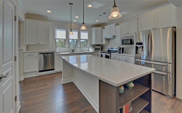 5638 Maple Bluff Way, Hoschton, GA 30548 - kitchen featuring white cabinetry, open shelves, appliances with stainless steel finishes, and under cabinet range hood