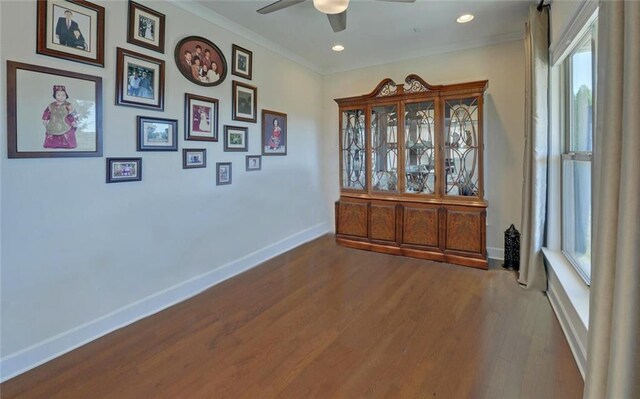 5638 Maple Bluff Way, Hoschton, GA 30548 - empty room with ornamental molding, a ceiling fan, wood finished floors, recessed lighting, and baseboards