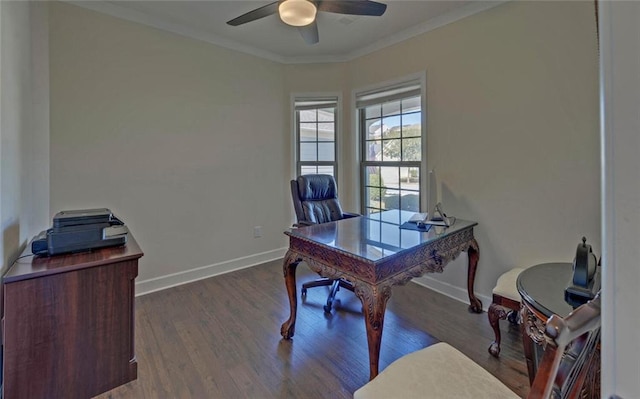 5638 Maple Bluff Way, Hoschton, GA 30548 - home office featuring baseboards, wood finished floors, ceiling fan, and ornamental molding