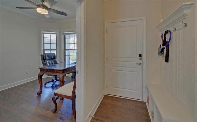 5638 Maple Bluff Way, Hoschton, GA 30548 - office with dark wood finished floors, a ceiling fan, crown molding, and baseboards