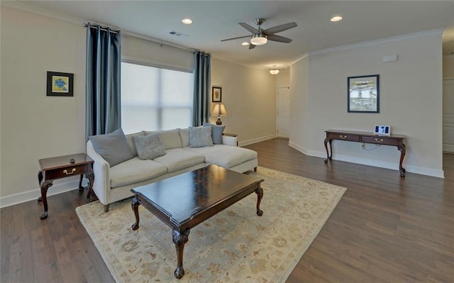 5638 Maple Bluff Way, Hoschton, GA 30548 - living area with dark wood-style floors, a ceiling fan, and baseboards