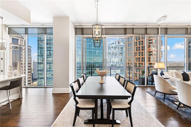 dining area with plenty of natural light, wood finished floors, and floor to ceiling windows