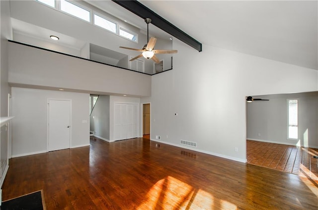 interior space featuring dark wood-style floors, high vaulted ceiling, visible vents, and a ceiling fan