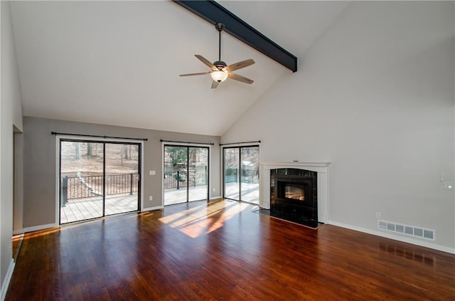 unfurnished living room with a fireplace, wood finished floors, visible vents, a ceiling fan, and beam ceiling